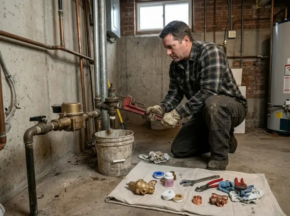 Plumber — Basement — Plumber, Pipe Wrench, Water Heater, Basement, Plumbing